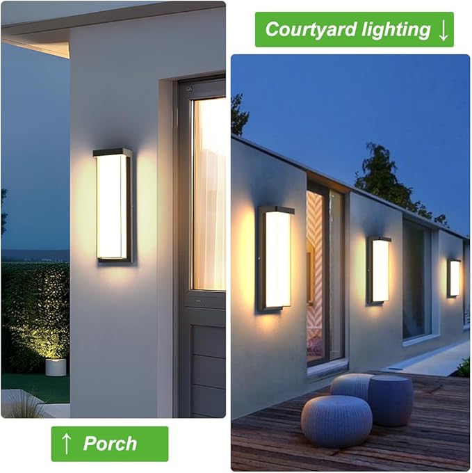 Sytmhoe Modern 2Pack Outdoor Wall Light Fixture,16in 10%-100% Dimming LED Porch&Patio Wall Light Fixture,3000K Black Exterior Sconce Light Mounted for House Garage Porch Courtyard(2Packs)
