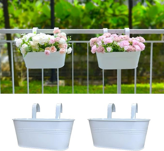 LaLaGreen Rail Planters for Outdoor (2 Pack, 11.2 Inch) White Metal Iron Hanging Flower Pots, Strawberry Planter Deck Railing Fence Bucket Wall Mount Window Box Plant Holder with Hooks Porch Decor