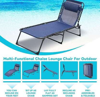 Tanning Chairs for Outside, Chaise Outdoor Lounge Chair, Folding Pool Chairs & Patio Lounger for Beach Camping Hiking Backyard Sunbathing Poolside, Portable (Blue Set of 1)