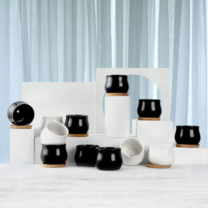 SHECIPIN 8 Pack Succulent Plant Pot, Matte Black Mini 2.6 inch Ceramic Flower Planter Pot with Bamboo Tray, Small Pots for Plants, Plants Not Included