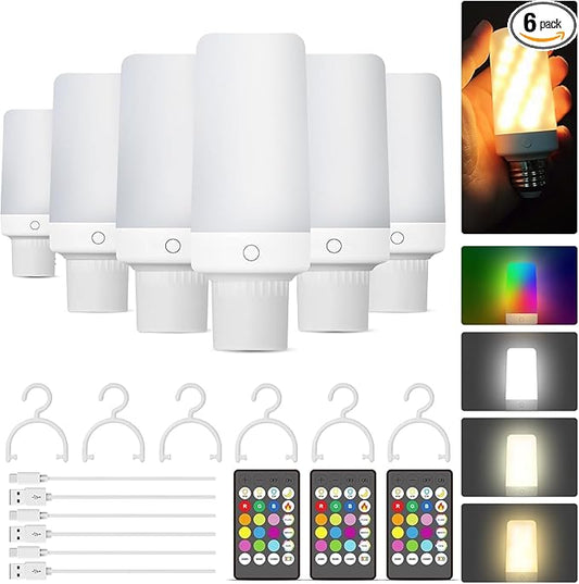 6PK Rechargeable Light Bulbs with Remote, Emergency Battery Operated Light Bulbs with Dual Recharging Ways, Tuned White 12 RGB Colors Optional Timer for Lamp Power Outages Camping Hurricane