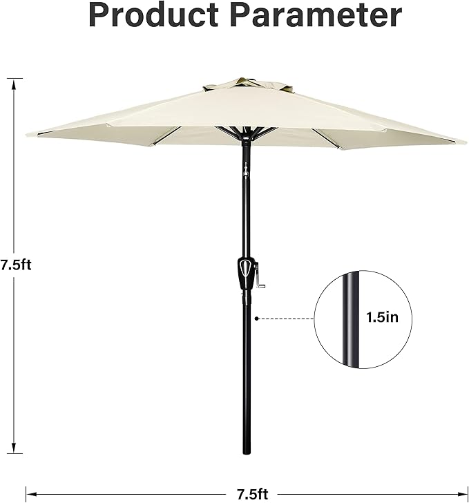 Simple Deluxe 7.5ft Patio Umbrella Outdoor Table Market Yard Umbrella with Push Button Tilt/Crank, 6 Sturdy Ribs for Garden, Deck, Backyard, Pool, Creamy White