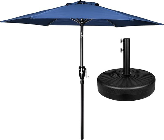 Simple Deluxe 7.5' Patio Umbrella with 20 Inch 50lbs Capacity Fillable Round Base, 6 Sturdy Ribs with Push Button Tilt/Crank for Garden, Deck, Backyard, Pool, Blue and Black