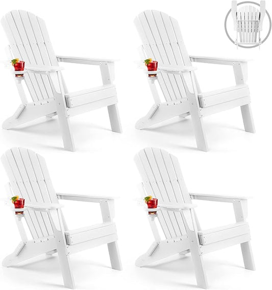 FUNBERRY Folding Adirondack Chair Set of 4, All Weather HDPE Fire Pit Chairs with Cup Holder for Outdoor