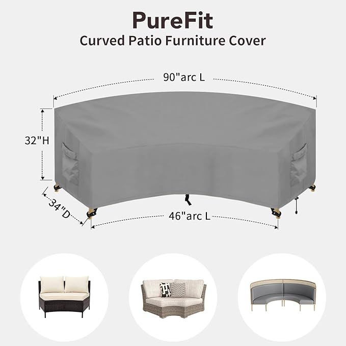 PureFit Outdoor Sectional Sofa Cover Waterproof Curved Patio Furniture Covers for Deck, Lawn and Backyard, 90Lx34Dx32Hx46FL, Grey