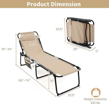 Tangkula Beach Lounge Chair for Outside, Folding Chaise Lounge Outdoor with 4-Position Backrest, Removable Headrest and Side Pocket, Portable Sunbathing Tanning Chair for Patio, Poolside (2, Beige)
