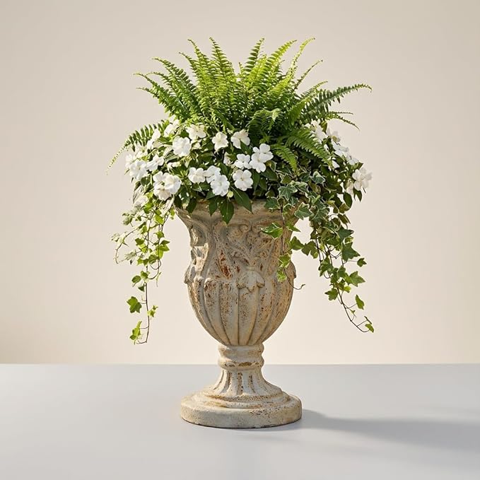 17 Inch Vintage Planter for Outdoor Plants, Embossed Design Durable and Sturdy Resin Fiber Flowerpots with Drainage Hole, Decorative Orchid Houseplant Pot Indoor Outdoor Plant Container