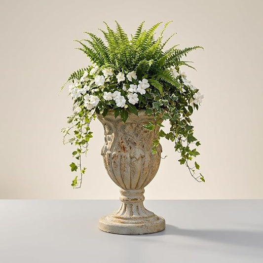 17 Inch Vintage Planter for Outdoor Plants, Embossed Design Durable and Sturdy Resin Fiber Flowerpots with Drainage Hole, Decorative Orchid Houseplant Pot Indoor Outdoor Plant Container