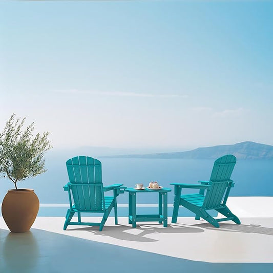 Plawdlik Folding Adirondack Chair, SGS Tested, Wooden Textured with Cup Holder, Heavy All-Weather HDPE Comfortable Set Poolside Backyard Lawn Aruba Blue