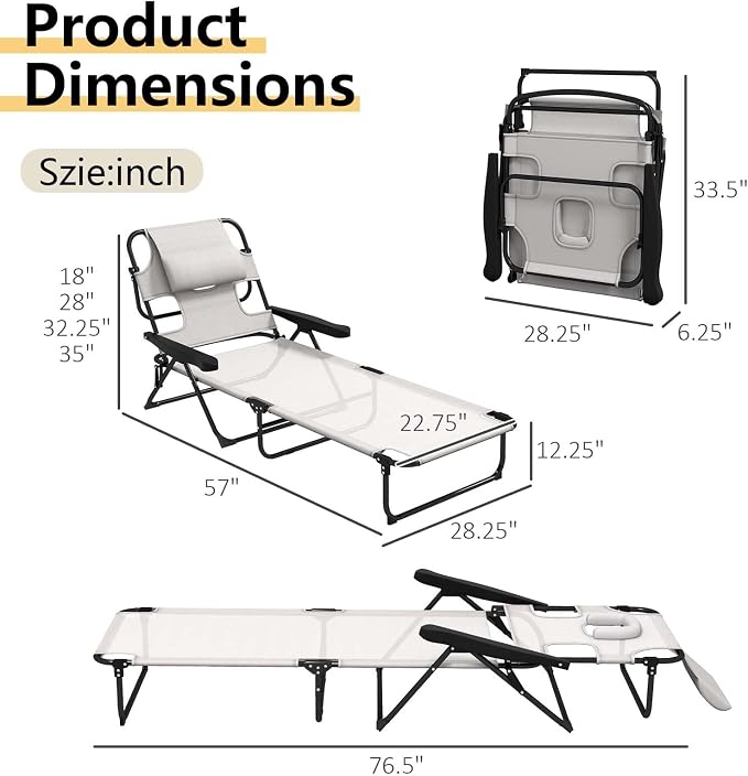 Sun Tanning Chair with Face Hole, Heavy Duty Adjustable 5-Position Folding Laying Out Chairs for Tanning, Beach Lounge Chairs for Adults for Outdoor Sunbathing Patio Pool Lawn (Cream White)