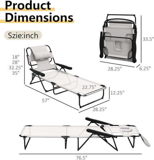 Sun Tanning Chair with Face Hole, Heavy Duty Adjustable 5-Position Folding Laying Out Chairs for Tanning, Beach Lounge Chairs for Adults for Outdoor Sunbathing Patio Pool Lawn (Cream White)