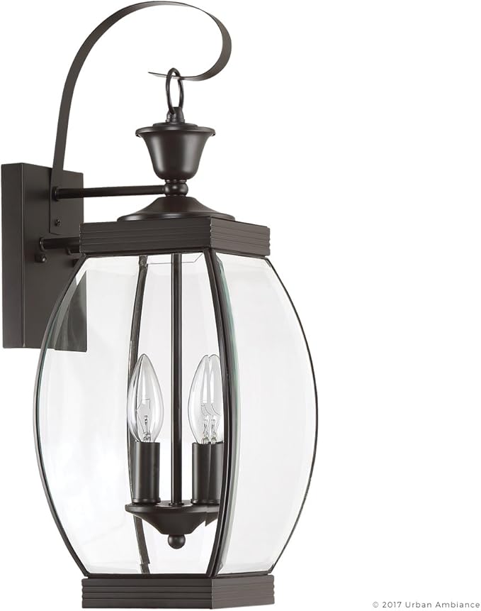 Urban Ambiance Luxury Colonial Outdoor Wall Light, Large Size: 21" H x 7.5" W, with Transitional Style Elements, Bowed Design, Gorgeous Dark Medieval Bronze Finish and Beveled Glass, UQL1171