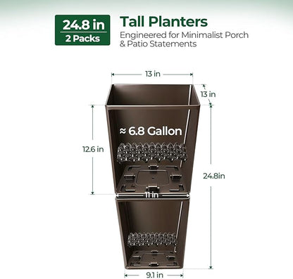 T4U Tall Planter for Outdoor Plants, 24.8 Inch Outdoor Planters for Porch Set of 2, Large Planter for Indoor & Outdoor Plants with Wheels Drainage Plug, Front Porch, Patio, for Home Decor (Dark Brown)