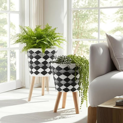 Sagebrook Home Set of 2 Geometric Planters on Stands - Resin & Wood Mid-Century Modern Plant Pots for Indoor/Outdoor Home & Garden Decor - 12" & 10", Black & White G