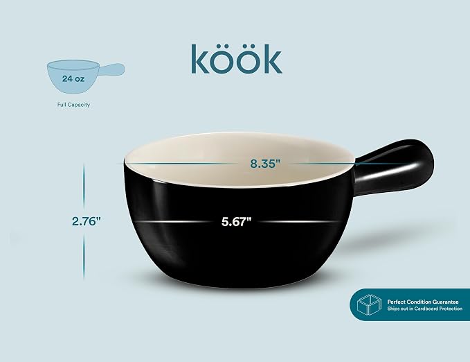 Kook French Onion Soup Crocks, Stackable Ceramic Bowls with Handles, Oven, Microwave and Dishwasher Safe, for Cereal, Soups, Casseroles, with Handle, Stoneware, 24 oz, Set of 4, Black