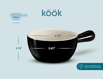 Kook French Onion Soup Crocks, Stackable Ceramic Bowls with Handles, Oven, Microwave and Dishwasher Safe, for Cereal, Soups, Casseroles, with Handle, Stoneware, 24 oz, Set of 4, Black