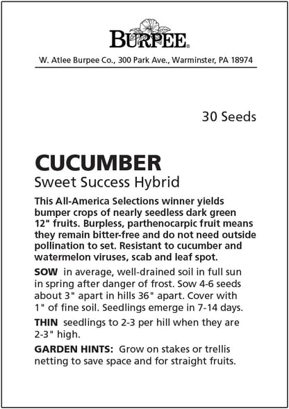 Burpee 'Sweet Success' Slicing Cucumber Seeds, 20 Non-GMO seeds