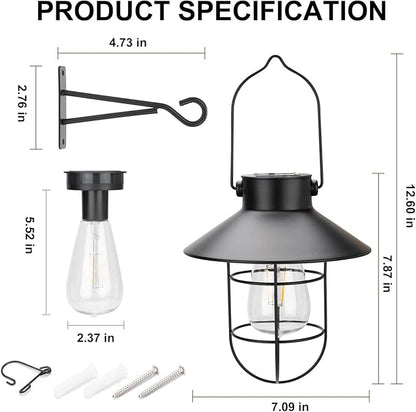 pearlstar Solar Lanterns Outdoor Metal Solar Powered Hanging Lights Waterproof for Wall Barn Yard Garden Patio Garage Balcony Porch Fence Decor, Warm White Edison Bulb (Black-2pack)