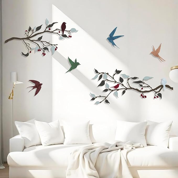Harikikochuu 4PCS Metal Birds Wall Decor, Birds on the Branch Silhouette Art, Metal Leaves with Bird Outdoor Hanging Wall Sculpture for Home Office Balcony Garden Decor.（Colorful,Swallow）