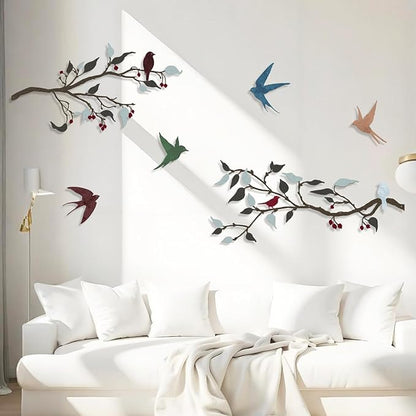 Harikikochuu 4PCS Metal Birds Wall Decor, Birds on the Branch Silhouette Art, Metal Leaves with Bird Outdoor Hanging Wall Sculpture for Home Office Balcony Garden Decor.（Colorful,Swallow）