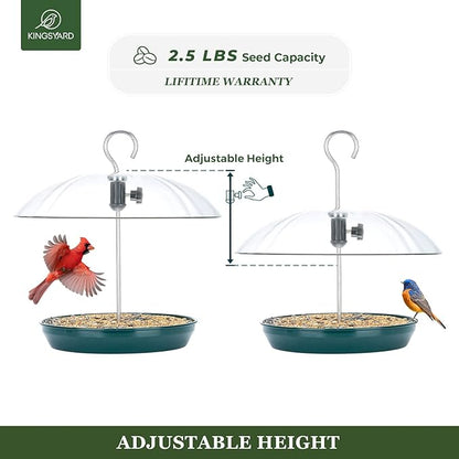 Kingsyard Adjustable Platform Bird Feeder for Outdoors, Hanging Metal Seed Tray with Clear Rain Proof Dome, Large Capacity for Wild Bluebird Cardinal Dove Mealworm, Green