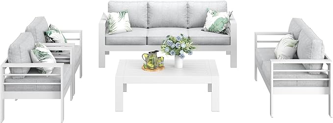 LayinSun Outdoor Aluminum Furniture Set, 5 Pieces Patio Sectional Conversation Chat Sofa Modern Seating Set with Coffee Table