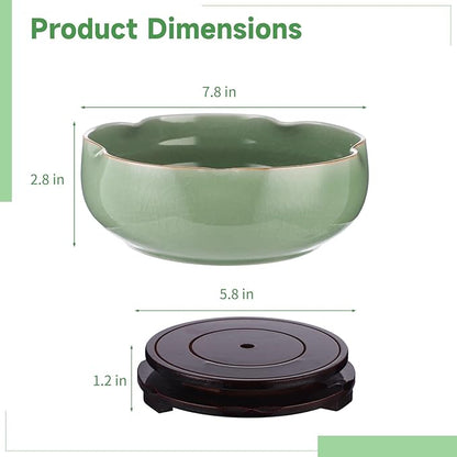 Ceramic Lotus Bowl Planter with Wood Tray, 7.8 in Green Water Lily Planter Pot, Hole Free Hydroponic Bowl, Ice Crack Glaze Flower Bowl for Lotus, Aquatic Plants, Bonsai, Desk Decor