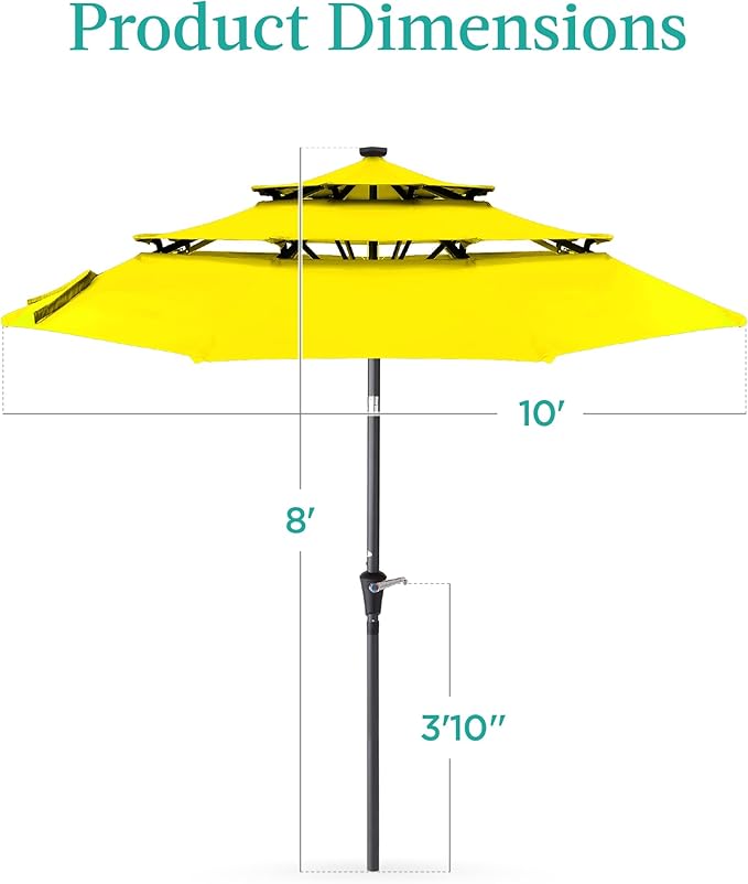Best Choice Products 10ft 3-Tier Solar Patio Umbrella, Outdoor Market Sun Shade for Backyard, Deck, Poolside w/ 24 LED Lights, Tilt Adjustment, Easy Crank, 8 Ribs - Yellow