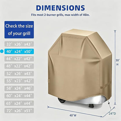 BBQ Gas Grill Cover for Outdoor, Anti-UV, Rip-Proof, 600D Oxford Fade Resistant Material, Barbecue Cover with Hook and Loop Straps & Adjustable Hem Drawstring (Beige, 40”x24”x50”)