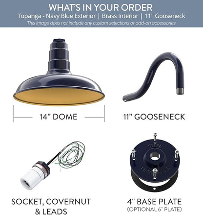 Steel Lighting Co. Topanga Barn Light | Outdoor Wall Mounted | 14 inch Dome | 11" Gooseneck | Farmhouse Garage Light Made in America | Navy Blue Exterior/Brass Interior