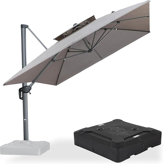 PURPLE LEAF Patio Umbrella with Base Included 10' X 13' Outdoor Cantilever Umbrella Large Rectangle Double Top Heavy Duty Offset Umbrella with 360-Degree Rotation for Pool Garden Deck Cast Ash