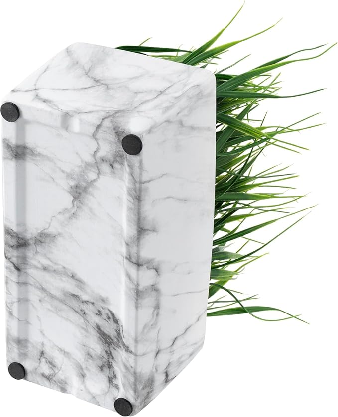 MyGift 10 Inch Artificial Green Grass Plant in Rectangular White Marble Pattern Ceramic Planter Pot