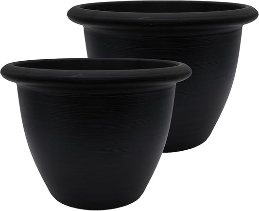 The HC Companies Sevilla Flower Planters - Durable Outdoor & Indoor Planter - Round Lightweight Self Watering Plant Pots for Herbs & More (12" Black, Pack of 2)