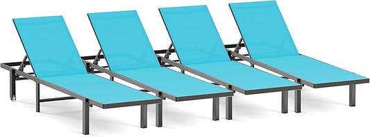 Pool Chaise Lounge Chair Set of 4, Outdoor Lounge Chairs with Wheels, 5-Position Adjustable Sun Loungers for Outside, Deck, Beach, Lake Blue