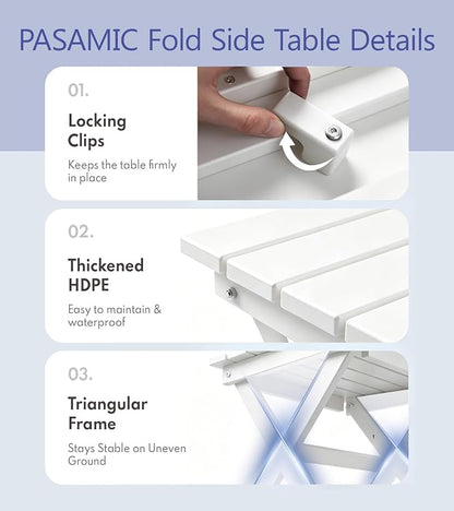 PASAMIC Folding Outdoor Side Table, HDPE Outdoor End Table, All-Weather Patio Table with 17.7" Wide Tabletop, No Assembly, for Porch, Deck, Poolside, White
