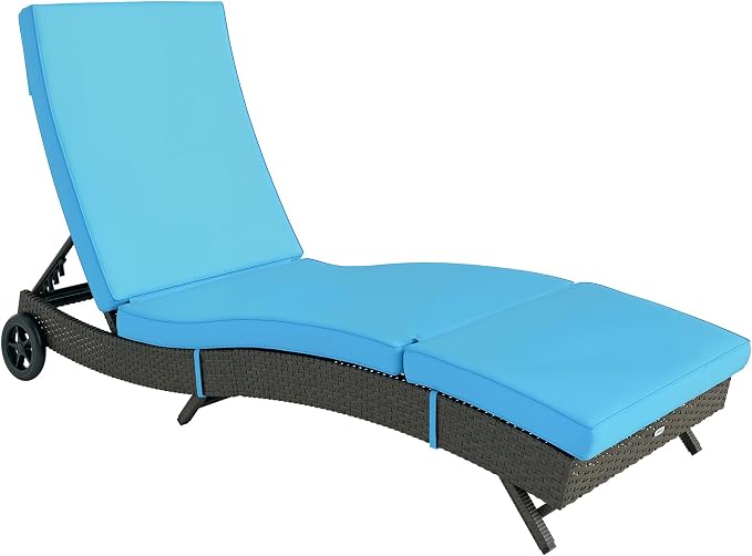 Outsunny Wicker Chaise Lounge Chair Outdoor with Wheels & Cushion, PE Rattan Patio Lounge Chair with 5-Level Adjustable Backrest for Poolside, Garden, Sky Blue