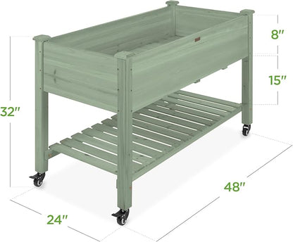 Best Choice Products Raised Garden Bed 48x24x32-inch Mobile Elevated Wood Planter w/Lockable Wheels, Storage Shelf, Protective Liner - Sage