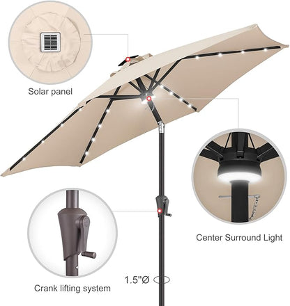 10ft Solar Patio Umbrella - Outdoor Umbrella with Centre Surround Light 24 LED Beads, Market Table Umbrella with Tilt & Crank for Pool, Porch, Garden, Deck, Backyard UV Protection(Beige)