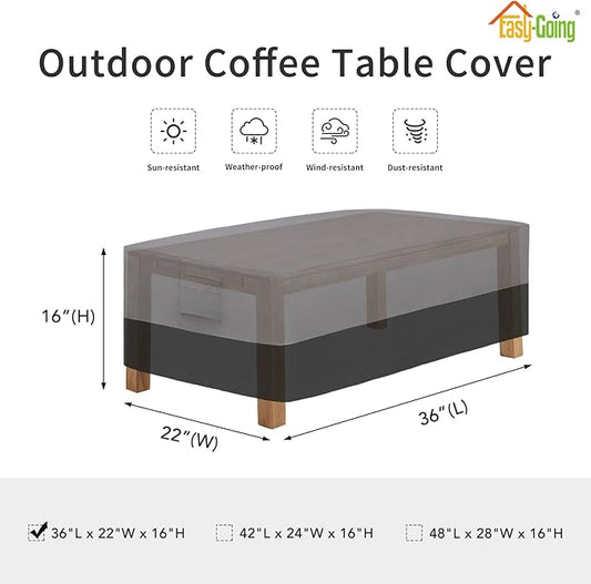 Easy-Going Patio Coffee Table Cover Small Outdoor Rectangular Table Cover, UV Resistant Waterproof Patio Furniture Cover (36"Lx22"Wx16"H, Gray/Black)
