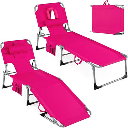 Goplus Tanning Chair, Folding Adjustable Patio Lounge Chair with Face Hole, Removable Pillow, 330LBS, Carry Strap, Outdoor Sunbathing Chair, Lightweight Portable Beach Lounge Chair, No Assembly
