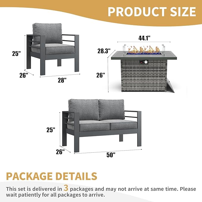 LayinSun Aluminum Furniture Set with Fire Pit Table, 4 Pieces Patio Sectional Conversation Chat Sofa Modern Seating Set