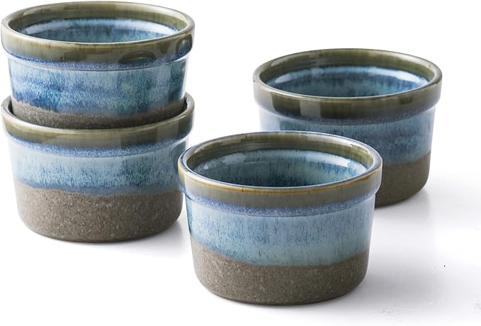 Ceramic Ramekins, 8 oz Creme Brulee Baking Cups, Set of 4, Light Blue | Reactive Glaze Finish, Oven Safe, Ideal for Souffle, Custard, Pudding, Dips, Ice Cream & Appetizers