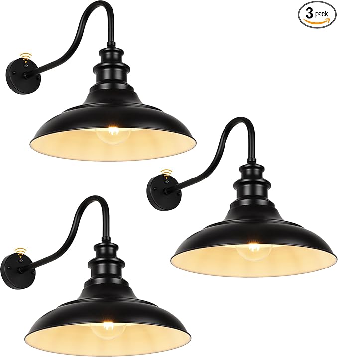 Exterior Farmhouse Barn Light,3PCS Dusk to Dawn Outdoor Lighting, 16 Inch Vintage Outside Garage Lights Fixtures for Patio Frontdoor Entryway Doorway, Matte Black