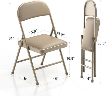Nazhura 4 Pack Folding Chairs with Padded Vinyl Cushion Chairs with Comfortable Cushion and Durable Steel Frame for Home and Office, for Indoor and Outdoor Events (Kahki, Vinyl)