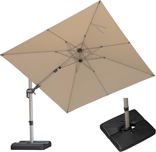 PURPLE LEAF 10' X 10' Left-right Tilting Patio Umbrella with Base Outdoor Swivel Cantilever Offset Aluminum Umbrella with Champagne Frame and 360-degree Rotation for Garden Deck Pool, Beige