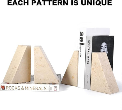 Karibiber Marble Bookends for Heavy Books, Decorative Book Ends for Shelves, Beige Stone Durable and Heavy-Duty Book Ends for Hardback Books & CDS, Unique Book Stopper & Holder, Set of 2