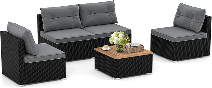RELAX4LIFE 5-Piece Wicker Outdoor Furniture - PE Rattan Sectional Conversation Set w/4 Armless Sofas & Acacia Wood Coffee Table, Cushioned Patio Sofa Set for Garden Poolside Backyard Porch (Grey)
