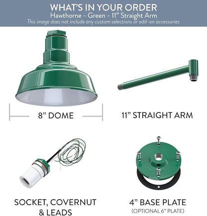 Steel Lighting Co. | Dusk to Dawn | Hawthorne Barn Light | Outdoor Wall Mounted | 8 in Dome | 11 inch Straight Arm| Small Farmhouse Light Made in America | Green Exterior/White Interior