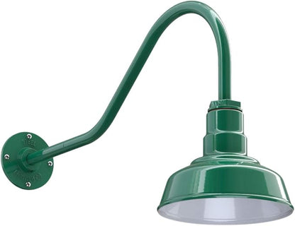 Steel Lighting Co. | Dusk to Dawn | Hawthorne Barn Light | Outdoor Wall Mounted | 8 in Dome | 23 inch Gooseneck| Small Farmhouse Light Made in America | Green Exterior/White Interior