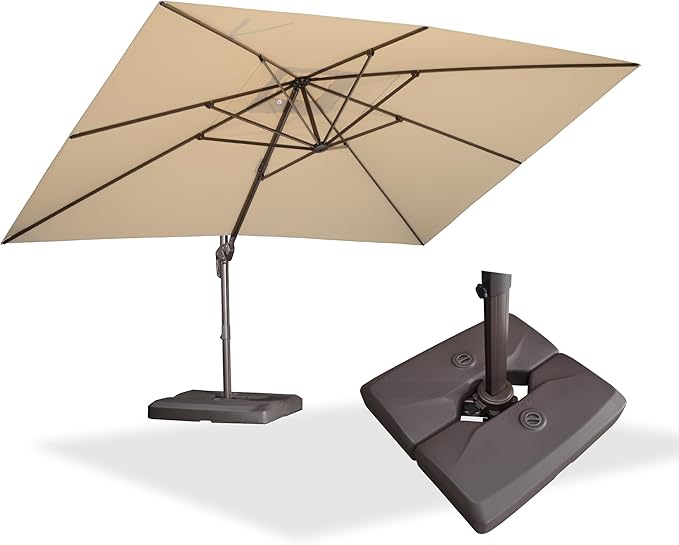 PURPLE LEAF 10' X 13' Patio Cantilever Umbrella with Base Rectangle Umbrella Outdoor with Aluminum Offset Hanging and 360° Rotation for Pool Garden Deck Patio, Beige